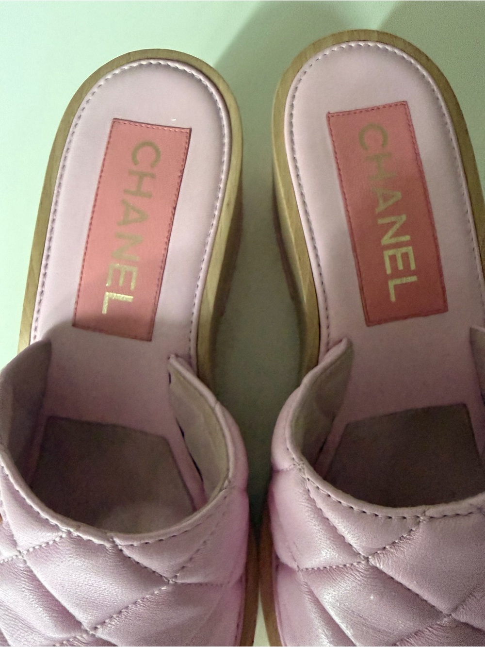 CHANEL Quilted Pink Leather Platform Slide Mules with Gold CC, Worn once - Picture 4 of 7